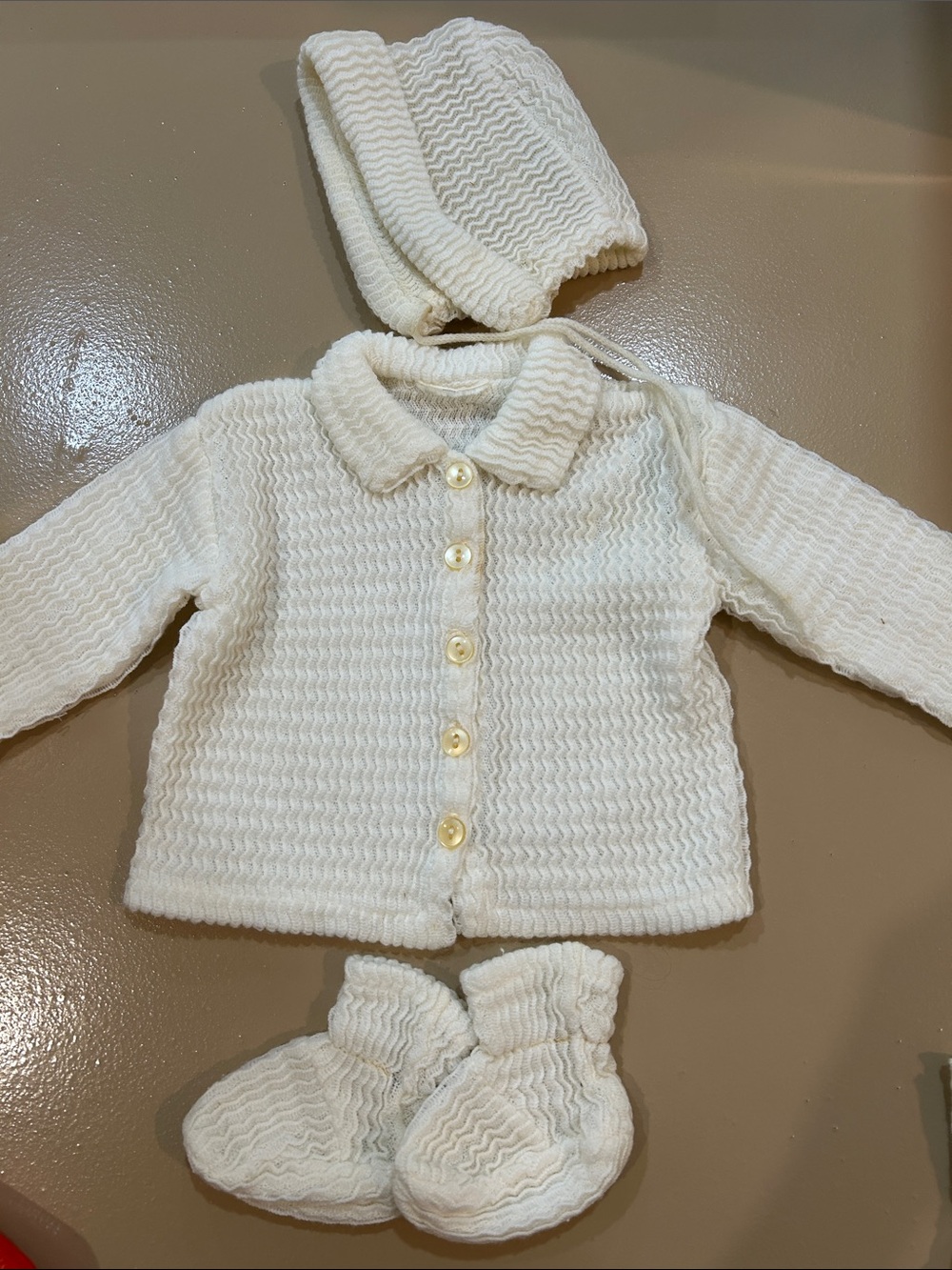 Vintage 1960s white Baby bonnet, cardigan, socks